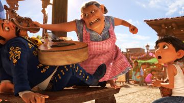 Lombardo Boyar as the voice of the mariachi, Renée Victor as the voice of Abuelita and Anthony Gonzalez as the voice of Miguel. 'Coco' still courtesy of Disney-Pixar