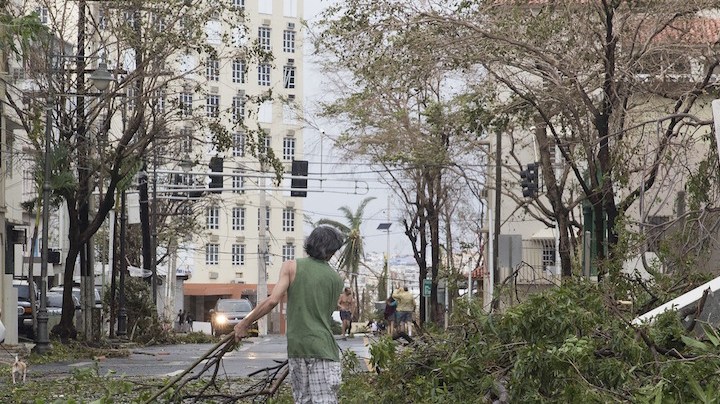 A resident cleans brush from the street in the Miramar neighborhood after Hurricane Maria made landfall on September 20, 2017 in San Juan, Puerto Rico. Photo by Alex Wroblewski/Getty Images  News