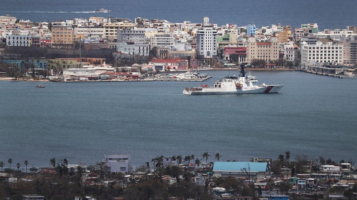 A U.S. Coast Guard cutter is seen in port as people deal with the aftermath of Hurricane Maria on September 25, 2017 in San Juan Puerto Rico. Photo by Joe Raedle/Getty Images News