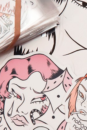 Carmen Pizarro's stickers. Photo by Itzel Alejandra Martinez for Remezcla