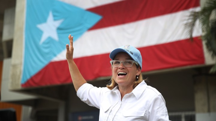 San Juan Mayor Carmen Yulin Cruz speaks to the media as she arrives at the temporary government center setup at the Roberto Clemente stadium in the aftermath of Hurricane Maria. Photo by Joe Raedle/Getty Images News