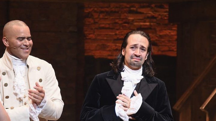 Phillipa Soo, Christopher Jackson, Lin-Manuel Miranda and Anthony Ramos attend Lin-Manuel Miranda's final performance of "Hamilton".  Photo by Nicholas Hunt/Getty Images Entertainment