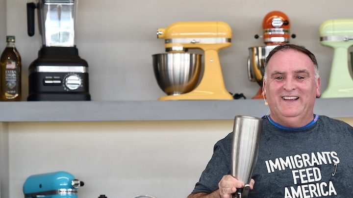 Chef Jose Andres leads a cooking demonstration on stage at Goya Foods' Grand Tasting Village.  Photo by Gustavo Caballero/Getty Images for SOBEWFF