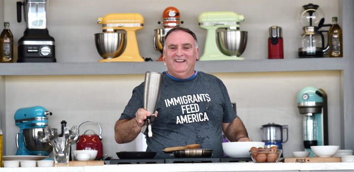 Chef Jose Andres leads a cooking demonstration on stage at Goya Foods' Grand Tasting Village.  Photo by Gustavo Caballero/Getty Images for SOBEWFF