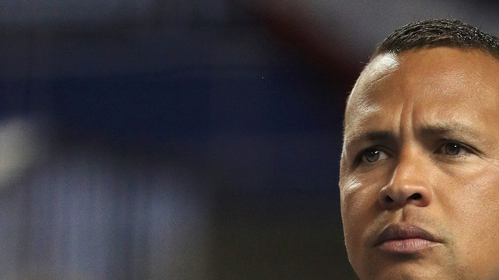 Former MLB player Alex Rodriguez attends batting practice for the 88th MLB All-Star Game at Marlins Park.  Photo by Mike Ehrmann/Getty Images Sport