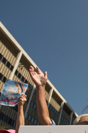 Immigrants and supporters rally after President Trump ordered an end to DACA on September 5, 2017 in Los Angeles. Photo by David McNew/Getty Images News