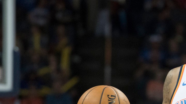 Carmelo Anthony #7 of the Oklahoma City Thunder brings the ball down court against Melbourne United. Photo by J Pat Carter/Getty Images