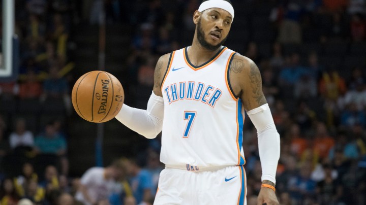 Carmelo Anthony #7 of the Oklahoma City Thunder brings the ball down court against Melbourne United. Photo by J Pat Carter/Getty Images