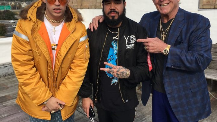 Bad Bunny, Spiff TV and Ric Flair on the set of the "Chambea" video. Courtesy of Dynamic Theories.