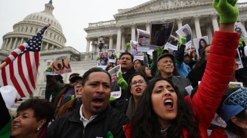 People who call themselves Dreamers, protest in front of the Senate side of the US Capitol to urge Congress in passing the Deferred Action for Childhood Arrivals (DACA) program, on December 6, 2017 in Washington, DC.  (Photo by Mark Wilson/Getty Images)