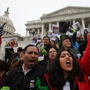 People who call themselves Dreamers, protest in front of the Senate side of the US Capitol to urge Congress in passing the Deferred Action for Childhood Arrivals (DACA) program, on December 6, 2017 in Washington, DC.  (Photo by Mark Wilson/Getty Images)