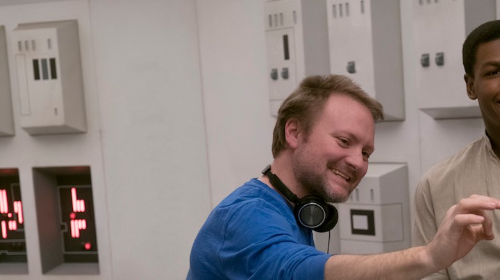 Director Rian Johnson on set with John Boyega (Finn) and Oscar Isaac (Poe Dameron). Photo: David James. ©2017 Lucasfilm Ltd. All Rights Reserved.