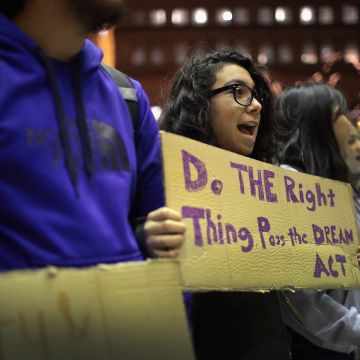 Demonstrators protest outside of the office of Senator Dick Durbin (D-IL) urging him to pass the Dream Act on December 19, 2017 in Chicago, Illinois. Photo by Scott Olson/Getty Images