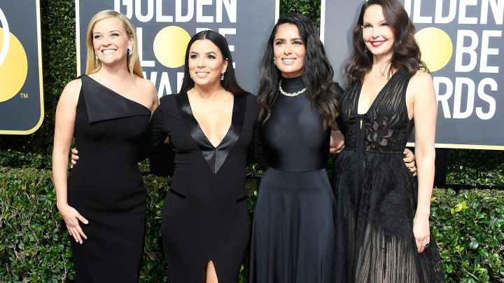 BEVERLY HILLS, CA - JANUARY 07:  (L-R) Actors Reese Witherspoon, Eva Longoria, Salma Hayek, and Ashley Judd attend The 75th Annual Golden Globe Awards at The Beverly Hilton Hotel on January 7, 2018 in Beverly Hills, California.  (Photo by Frazer Harrison/Getty Images)