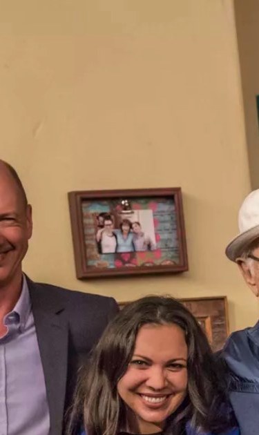 One Day at a Time’s showrunners Mike Royce (from left) and Gloria Calderon Kellett pose for a photo with executive producer Norman Lear and cast members Justina Machado and Rita Moreno. Courtesy of Netflix.