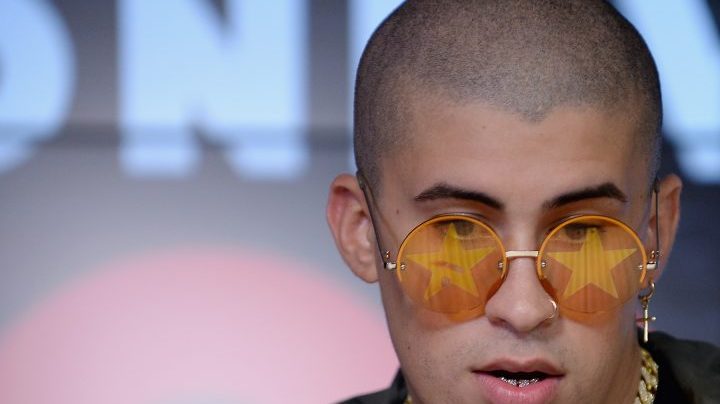 Bad Bunny poses in the pressroom at One Voice: Somos Live! A Concert For Disaster Relief at Marlins Park . Photo by Jason Koerner/One Voice: Somos Live!/Getty Images