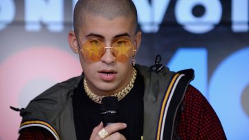 Bad Bunny poses in the pressroom at One Voice: Somos Live! A Concert For Disaster Relief at Marlins Park . Photo by Jason Koerner/One Voice: Somos Live!/Getty Images