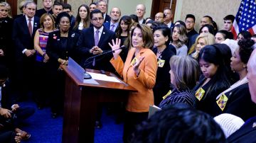 House Minority Leader Nancy Pelosi (D-CA) speaks during a press conference with Dreamers who will be attending President Trump's first State of the Union Address on January 30, 2018 in Washington, DC. Democratic leaders from both Houses of Congress welcomed the largest group of Dreamers to attend a State of the Union Address. Photo by Pete Marovich/Getty Images News