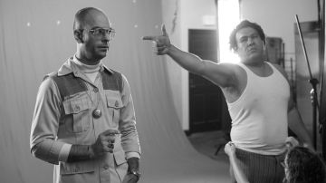 Jesse Celedon (as Oscar Zeta Acosta) and Jeff Harms (as Hunter S. Thompson) on the set. Photo by Rafael Cardenas. Courtesy of PBS