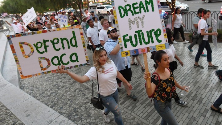 Immigrants and supporters march on the Las Vegas Strip during a "We Rise for the Dream" rally. Photo by Ethan Miller/Getty Images