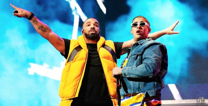 Photo of Drake by Christopher Polk/Getty Images for Coachella. Photo of Bad Bunny by Kevin Winter/Getty Images. Art by Alan Lopez for Remezcla