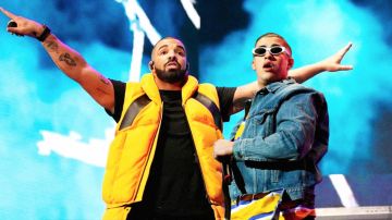 Photo of Drake by Christopher Polk/Getty Images for Coachella. Photo of Bad Bunny by Kevin Winter/Getty Images. Art by Alan Lopez for Remezcla