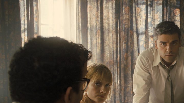 Mélanie Laurent as Hanna Regev, Oscar Isaac as Peter Malkin, Nick Kroll as Rafi Eitan, Michael Aronov as Zvi Aharoni, and Greg Hill as Moshe Tabor in 'Operation Finale.' Photo courtesy of Metro Goldwyn Mayer Pictures