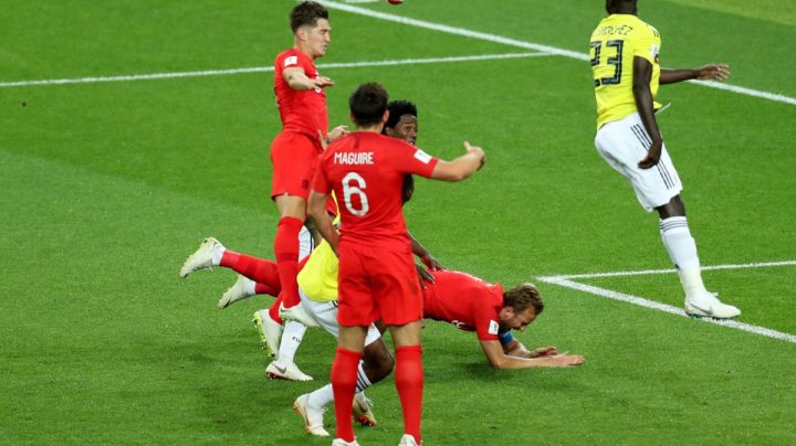 Harry Kane and Carlos Sanchez during the 2018 FIFA World Cup. (Photo by Alex Morton/Getty Images)
