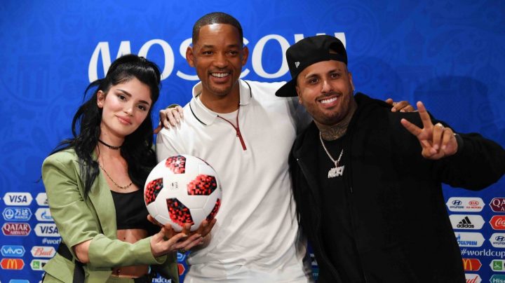 Era Istrefi, Will Smith and Nicky Jam pose at a closing ceremony press conference during the 2018 FIFA World Cup at Luzhniki Stadium on July 13, 2018 in Moscow, Russia. Photo by Dan Mullan/Getty Images