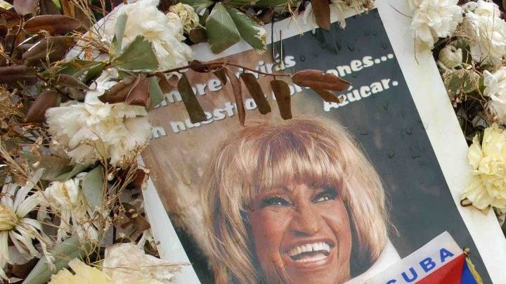 The memorial has been in place since Celia Cruz passed away in her home July 16 at Horizon Towers in Fort Lee, New Jesey. Photo by William Thomas Cain/Getty Images