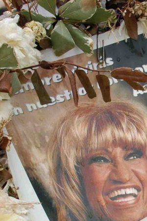 The memorial has been in place since Celia Cruz passed away in her home July 16 at Horizon Towers in Fort Lee, New Jesey. Photo by William Thomas Cain/Getty Images