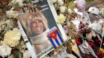 The memorial has been in place since Celia Cruz passed away in her home July 16 at Horizon Towers in Fort Lee, New Jesey. Photo by William Thomas Cain/Getty Images