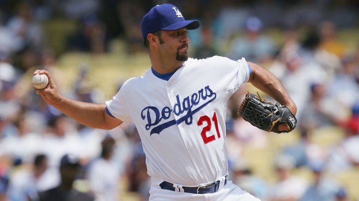 Esteban Loaiza #21 of the Los Angeles Dodgers in 2008.  (Photo by Lisa Blumenfeld/Getty Images)