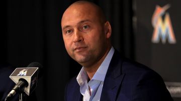 Miami Marlins CEO Derek Jeter speak with members of the media at Marlins Park. Photo by Mike Ehrmann/Getty Images