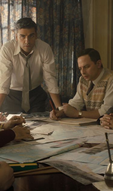 Mélanie Laurent as Hanna Regev, Oscar Isaac as Peter Malkin, Nick Kroll as Rafi Eitan, Michael Aronov as Zvi Aharoni, and Greg Hill as Moshe Tabor in 'Operation Finale.' Courtesy of Metro Goldwyn Mayer Pictures