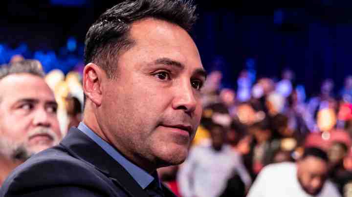 Oscar De La Hoya looks on after the WBC featherweight title bout between Gary Russell Jr. and Joseph Diaz Jr. Photo by Scott Taetsch/Getty Images