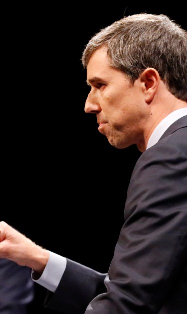 Rep. Beto O'Rourke (D-TX) makes a point as Sen. Ted Cruz (R-TX) waits his turn during a debate at McFarlin Auditorium at SMU in Dallas. Photo by Tom Fox/The Dallas Morning News/Pool