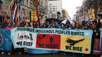 Activists participate in a protest against the Dakota Access Pipeline March 10, 2017 in Washington, DC. The Standing Rock Sioux Tribe held the event with a march to the White House to urge for halting the construction of the project. Photo by Alex Wong/Getty Images