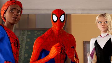 Miles Morales (Shameik Moore), Peter Parker (Jake Johnson) and Spider-Gwen (Hailee Steinfeld) in 'Spider-Man: Into the Spider-Verse.' Courtesy of Sony Pictures Entertainment