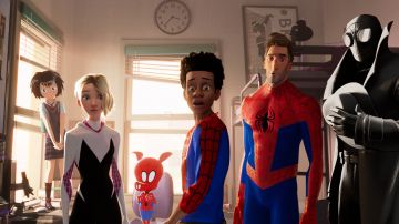 Peni (Kimiko Glen), Spider-Gwen (Hailee Steinfeld), Spider-Ham (John Mulaney), Miles Morales (Shameik Moore), Peter Parker (Jake Johnson), Spider-Man Noir (Nicolas Cage) in 'Spider-Man: Into the Spider-Verse.' Courtesy of Sony Pictures Entertainment