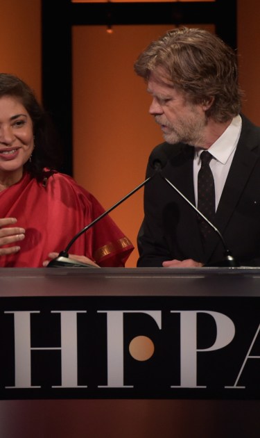 President of HFPA Meher Tatna and William H. Macy onstage during the Hollywood Foreign Press Association's Grants Banquet at The Beverly Hilton Hotel on August 9, 2018 in Beverly Hills, California. Photo by Kevin Winter/Getty Images