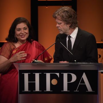 President of HFPA Meher Tatna and William H. Macy onstage during the Hollywood Foreign Press Association's Grants Banquet at The Beverly Hilton Hotel on August 9, 2018 in Beverly Hills, California. Photo by Kevin Winter/Getty Images