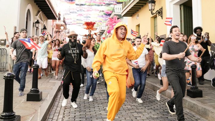 Tariq "Black Thought" Trotter, musical guest Bad Bunny, host Jimmy Fallon, and Ahmir "Questlove" Thompson during a performance of "Mia" by Bad Bunny on January 15, 2019. Photo by Andrew Lipovsky/NBC. Courtesy of Acoustyle Communications