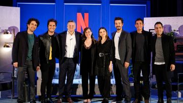 Darío Yazbek, Diego Boneta, Ted Sarandos, Mariana Treviño, Gisselle Kuri, Diego Luna, Alberto Guerra, Omar Chaparro attend the 2019 Foro Netflix in Mexico City, Mexico. Photo by Fernando Vidaurri. Courtesy of Netflix