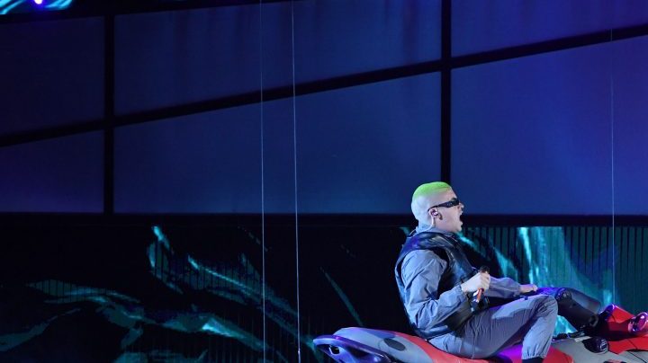 Bad Bunny rides on a personal watercraft above the stage as he performs during the 2019 Billboard Latin Music Awards at the Mandalay Bay Events Center on April 25, 2019 in Las Vegas, Nevada. Photo by Ethan Miller/Getty Images