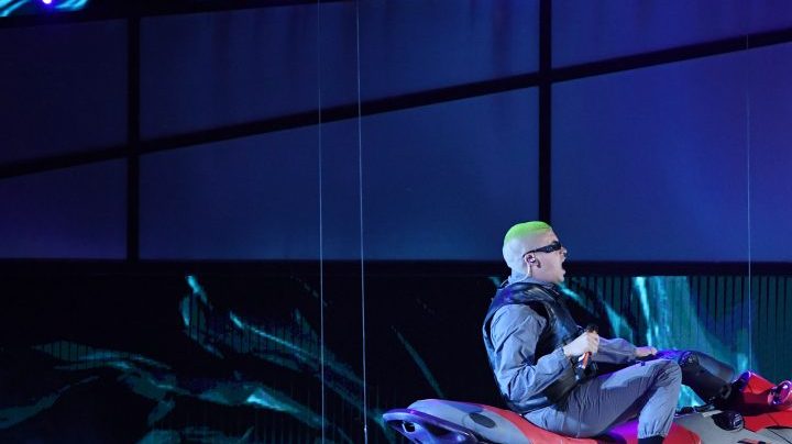Bad Bunny rides on a personal watercraft above the stage as he performs during the 2019 Billboard Latin Music Awards at the Mandalay Bay Events Center on April 25, 2019 in Las Vegas, Nevada. Photo by Ethan Miller/Getty Images