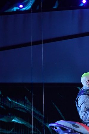 Bad Bunny rides on a personal watercraft above the stage as he performs during the 2019 Billboard Latin Music Awards at the Mandalay Bay Events Center on April 25, 2019 in Las Vegas, Nevada. Photo by Ethan Miller/Getty Images