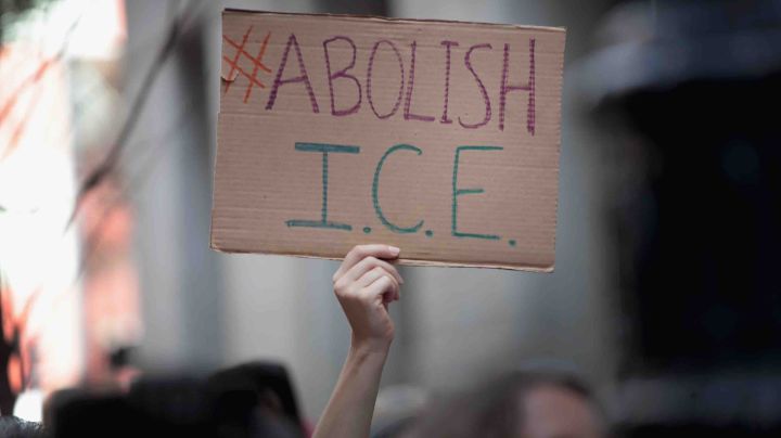 Demonstrators march through downtown calling for the abolition of the U.S. Immigration and Customs Enforcement (ICE) on August 16, 2018 in Chicago, Illinois. The demonstrators were also calling for defunding local police. Photo by Scott Olson/Getty Images