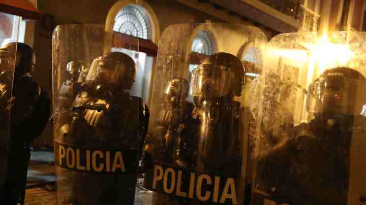 Police are seen as they clashed with protesters during their demonstration against Ricardo Rossello, the Governor of Puerto Rico, on July 22, 2019 in Old San Juan, Puerto Rico. Photo by Joe Raedle/Getty Images