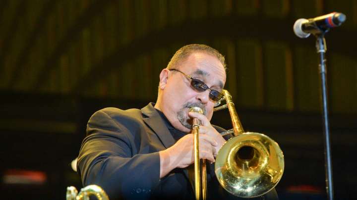 Willie Colon on stage at Grand Slam Party Latino at Marlins Park (Photo by Rodrigo Varela/Getty Images)